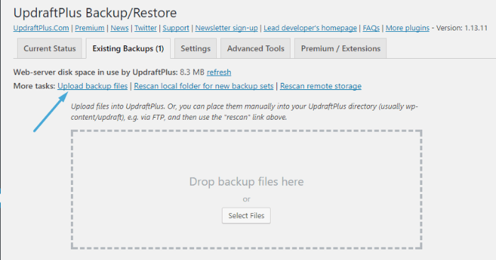 UpdraftPlus - upload backup files